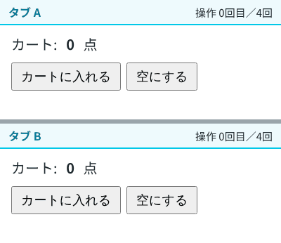 上下に「タブ A」と「タブ B」が並ぶ。上の帯に、何回目の操作でどのタブのどのボタンを押したかが出て、押した瞬間に両方のタブのカートの点数がピンクで光って同じ数に変わる。最後にタブ B で「空にする」を押すと、両方が 0 になる