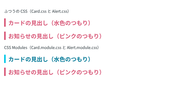 ふつうの CSS と CSS Modules で、カードとお知らせの見出しを並べた画面。ふつうの CSS では2つともピンク、CSS Modules ではカードが水色、お知らせがピンクになっている