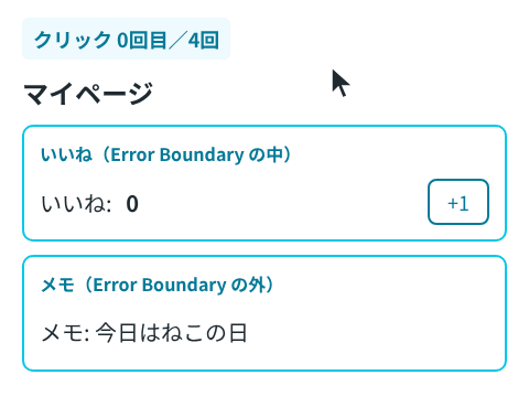 +1を3回押すと、Error Boundaryの中の「いいね」の枠だけが「表示できませんでした」に変わり、外の「メモ」の枠はそのまま残る。「もう一度試す」を押すと、いいねは0から表示し直される