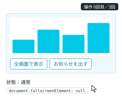 「全画面で表示」を押すと枠が画面いっぱいになり、お知らせを出したあと「全画面を終了」で元の大きさに戻る