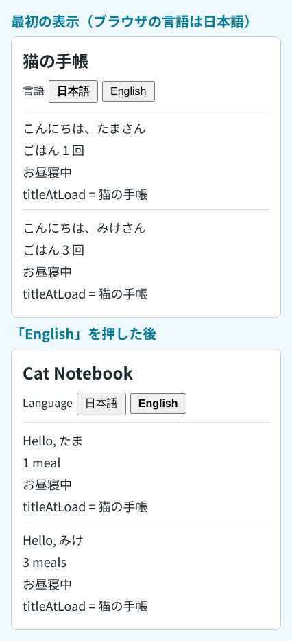 検証環境のChromiumで、上に日本語の画面(「猫の手帳」「こんにちは、たまさん」「ごはん 1 回」「お昼寝中」)、下に「English」を押した後の画面(「Cat Notebook」「Hello, たま」「1 meal」「3 meals」、「お昼寝中」はそのまま)を縦に並べた画像