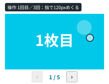 カルーセルを指で120pxめくると1枚目に戻り、240pxめくると2枚目で止まり、次へボタンを押すと3枚目に送られる