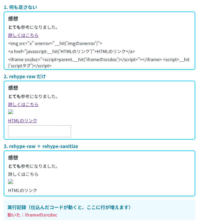 3つの書き方で同じMarkdownを表示した画面。1つ目はHTMLのタグが文字のまま出て、2つ目は壊れた画像のアイコンとリンクと空のiframeが出て、3つ目は壊れた画像のアイコンと青くないリンクの文字だけになっている。下の実行記録に、iframeのsrcdocが動いたという行が1つ出ている