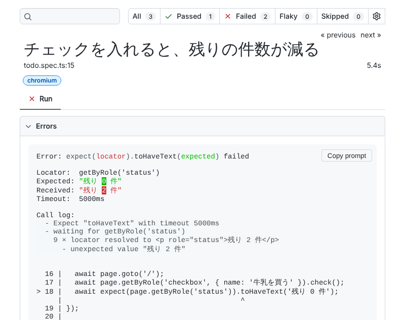 HTML のレポートで、テスト「チェックを入れると、残りの件数が減る」のエラーの欄に Expected「残り 0 件」と Received「残り 2 件」が並び、0 と 2 に色が付いている画面