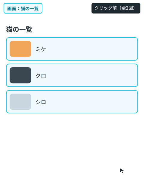 一覧の「ミケ」のボタンを押すと、一覧が左へ出て詳細が右から入り、小さな写真が大きな写真へ広がる。「一覧に戻る」を押すと、逆向きに動き、写真が一覧の小さな枠へ縮む。押した直後は、左上の画面の名前がピンクになる