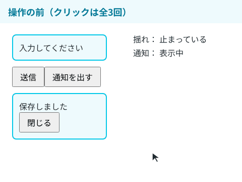 送信ボタンを2回押すと、そのたびに箱が揺れ、閉じるボタンを押すと通知が薄くなって消える様子
