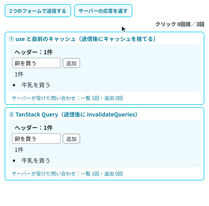 キャッシュを消す自前の版と TanStack Query の版を縦に並べ、フォームで「卵を買う」を送信してからサーバーの応答を2回返したときの表示の変化